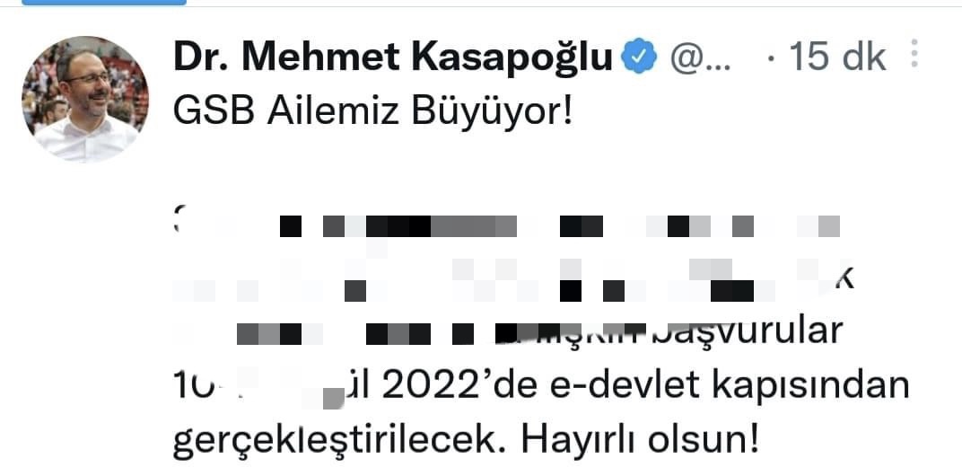 Kasapoğlu Tweet attı Gençlik ve Spor Bakanlığına Sözleşmeli Personel alınacak  